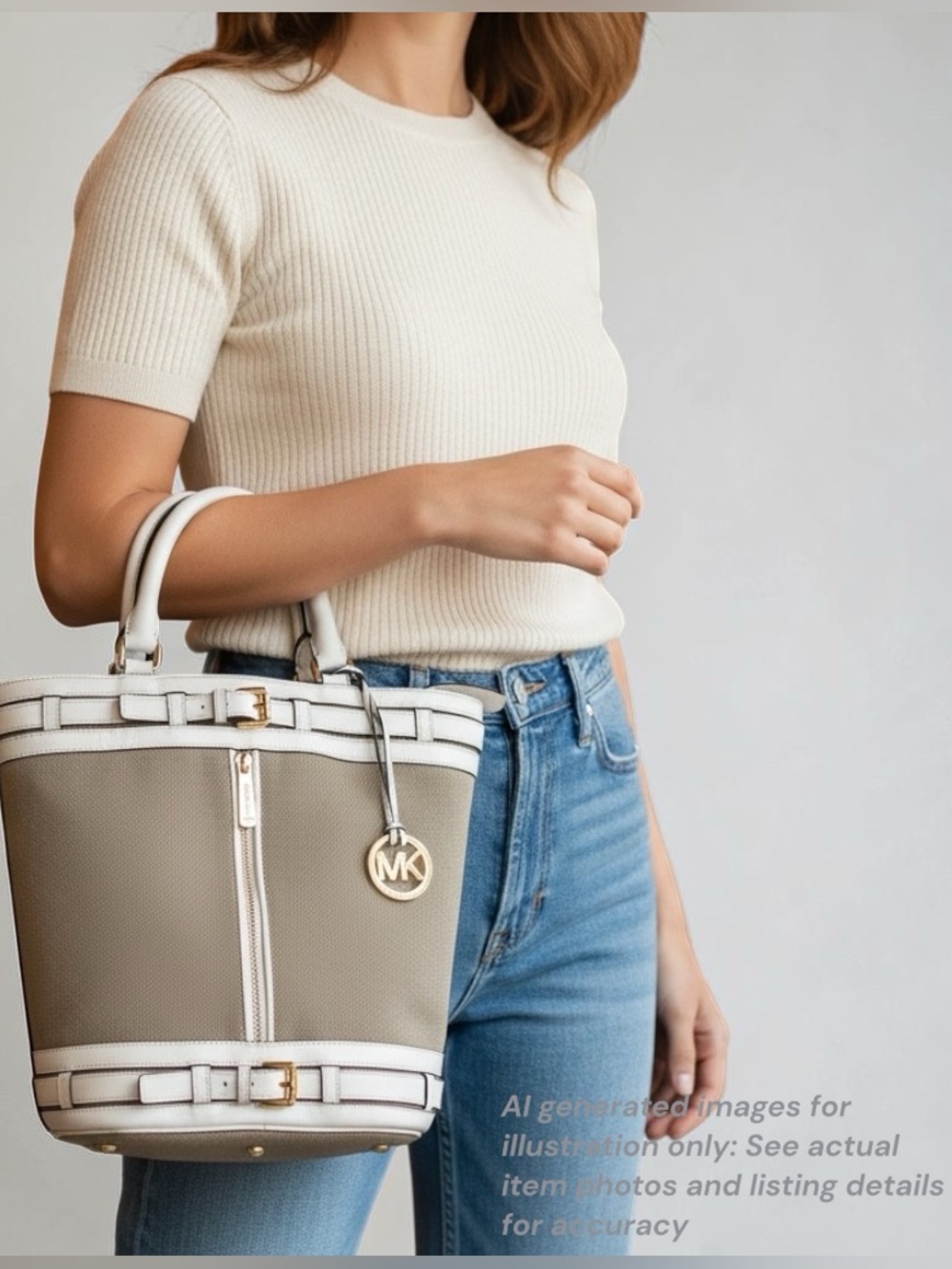 Michael Kors Taupe and White Leather-Trim Bucket Tote with Gold Hardware sku176